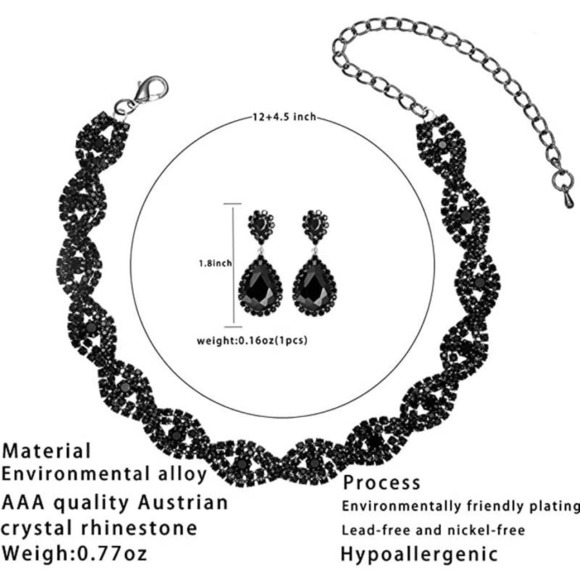 #48 Black Rhinestone Necklace Bracelet Earrings Handbag Crystal Necklace Set - Picture 5 of 7